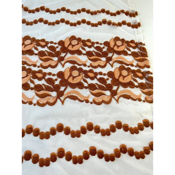 Vintage 70s curtain, tan, rust floral & dots embroidered pattern, sheer panel - Picture 4 of 10